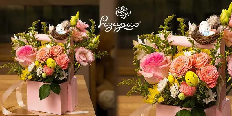 Пасхальная композиция в ящике с розами, лизиантусом и яйцами — праздничный декор